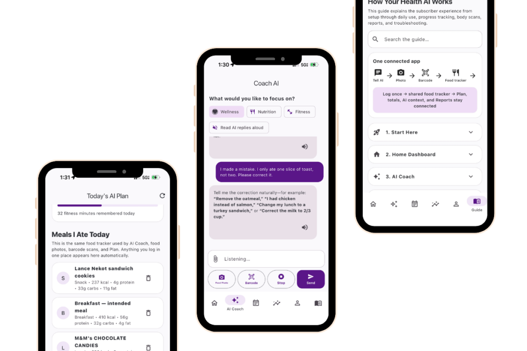 Your Health AI app screens showing an AI meal plan, food log and AI coach chat
