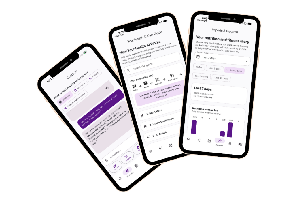 Your Health AI app screens showing the AI coach, app guide and nutrition progress reports